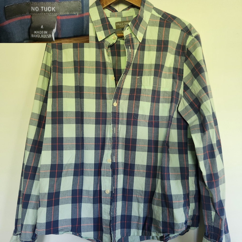 Falls Creek Blue, Light Blue And Salmon Plaid Casual Button Down Shirt